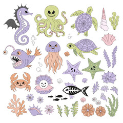 Retro Cute Creepy sea horse skeleton Octopus Turtle Angler fish pumpkin head jellyfish crab starfish hand drawn vector clip-art set isolated on white. Spooky Pastel Goth Creepy Halloween Underwater