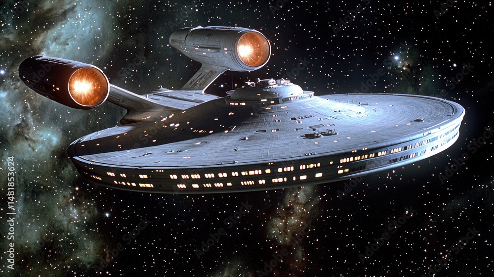 Poster spaceship in deep space with glowing engines.