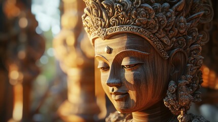Close-up of intricate wooden statue, serene face, ornate headdress,  details of carving