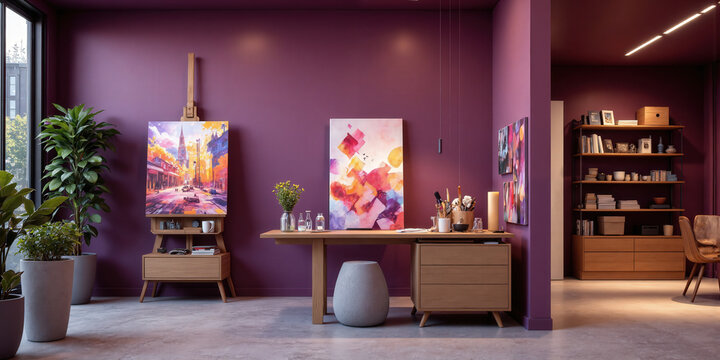 Smart art studio in deep plum, featuring interactive canvases that adjust based on the artist's style and AI-powered lighting that
