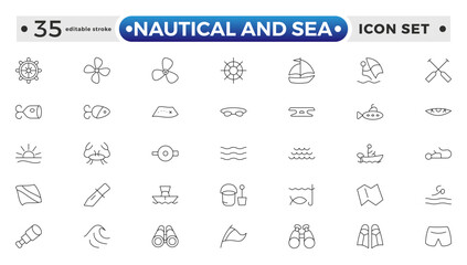 Nautical and sea web icons in outline style. thin line icons such as wind rose, oars, suroard, marine, double bait, buoy, submarine facing right, and caravel. Editable stroke outline icon.
