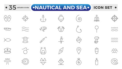 Nautical and sea web icons in outline style. thin line icons such as wind rose, oars, suroard, marine, double bait, buoy, submarine facing right, and caravel. Editable stroke outline icon.
