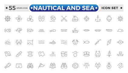 Nautical and sea web icons in outline style. thin line icons such as wind rose, oars, suroard, marine, double bait, buoy, submarine facing right, and caravel. Editable stroke outline icon.
