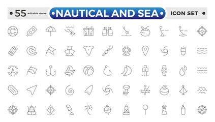Nautical and sea web icons in outline style. thin line icons such as wind rose, oars, suroard, marine, double bait, buoy, submarine facing right, and caravel. Editable stroke outline icon.
