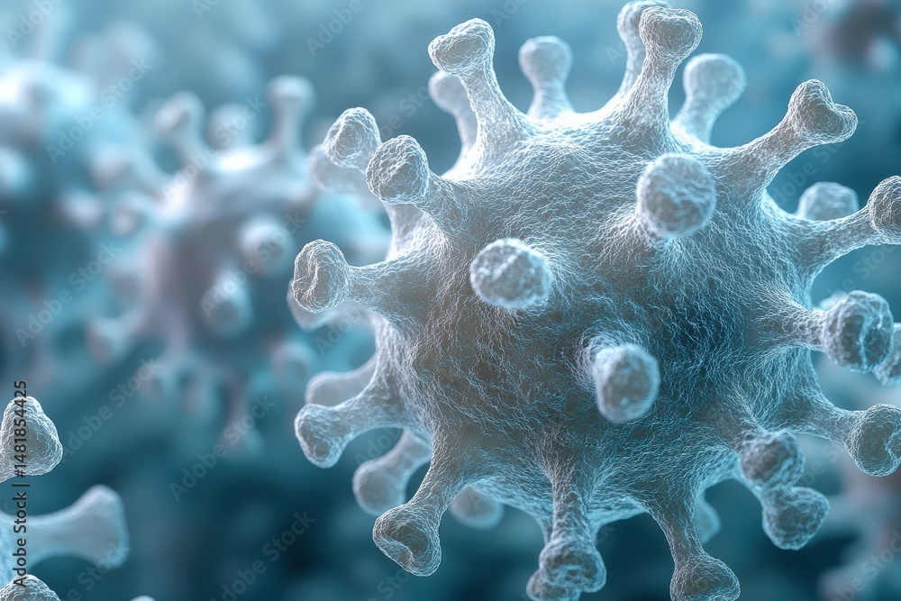 Poster visual representation of coronavirus particles showing intricate details of the virus structure