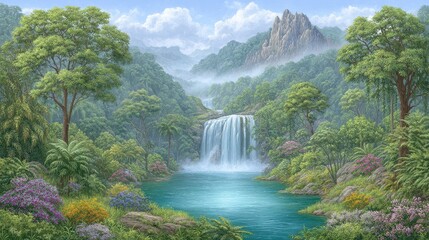 Lush Green Valley Waterfall Landscape Painting