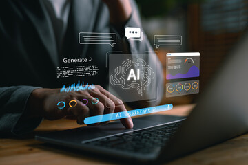 Close-up of person using laptop with AI assistant interface. Concept of artificial intelligence,...
