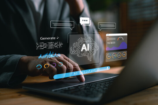 Close-up of person using laptop with AI assistant interface. Concept of artificial intelligence, machine learning, chatbot technology, data analysis, and digital productivity tools.