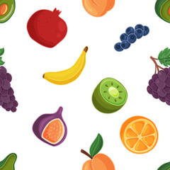 Seamless vector pattern with colorful fruits including kiwi, fig, banana, orange, grape, pomegranate, peach, blueberry and avocado. Isolated on white background