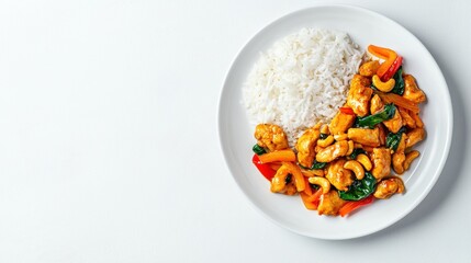 A photorealistic food presentation of a white plate with chicken cashew stir-fry and rice, shot on a bright white backdrop