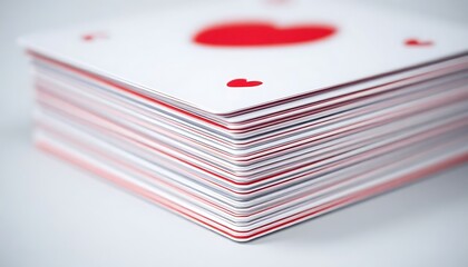 stack of playing cards with a red heart on them