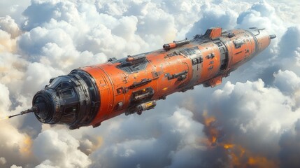A futuristic, orange vessel soaring through a cloudy sky.