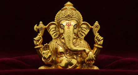 Fototapeta premium Golden Ganesha Statue on Burgundy Velvet