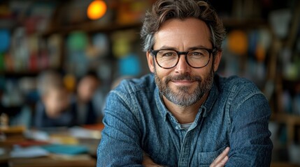 Fototapeta premium A mid-adult man with a friendly expression in a cafe setting.
