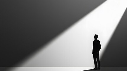 Silhouette in the Spotlight: A silhouette of a solitary figure stands bathed in a beam of light, embodying themes of introspection, potential, and the quest for purpose.