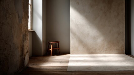 Rustic Studio: Wooden Stool, Textured Wall, Sunlit Floor
