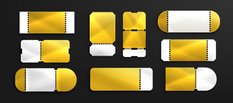 Golden ticket cutouts assortment - posh perforated coupon templates, elegant gift certificate blanks. Luxury benefit voucher samples or ritzy awards ceremony invitation stubs. Metal lottery pack.