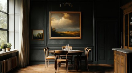 Sophisticated dining space with landscape art and dark paneled walls enhances refinement