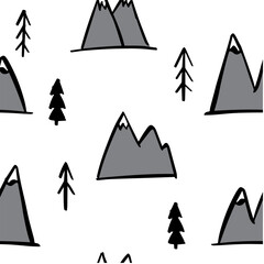 Mountains trees adventure doodle art seamless pattern. Vector illustration