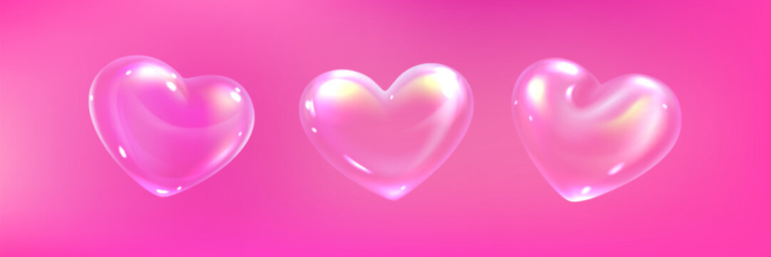 3d glossy shiny soap bubbles heart shapes on pink - romantic love symbols, cute cartoon design elements for Valentine day greeting card, wedding invitation or girl birthday party. Bright bubbly hearts