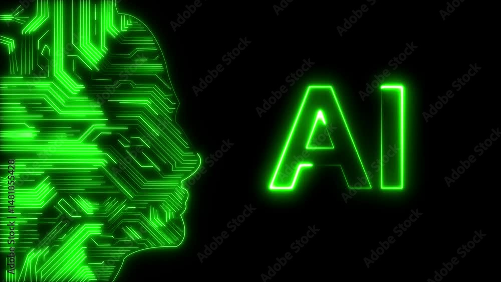 Poster artificial intelligence robot face, featuring big data green color ,technology video ,analytics, dig