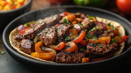 Flavorful beef and vegetable fajita dish on a tortilla.