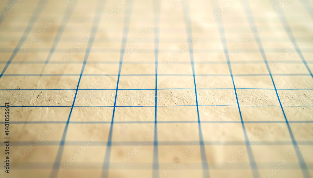 Poster a close-up view of a textured paper surface with a grid pattern, featuring blue lines on a light bro