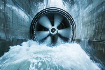 Engine propeller spinning in a large industrial water channel during daytime