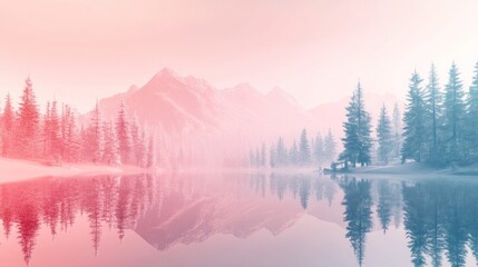 Fototapeta premium Misty winter landscape reflecting in calm lake