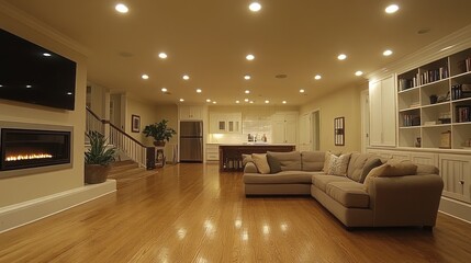 Spacious, well-lit interior living room with hardwood floors.