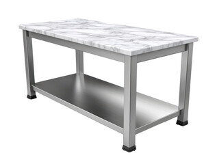 Modern kitchen island with sleek stainless steel frame and polished white marble countertop, perfect for cooking