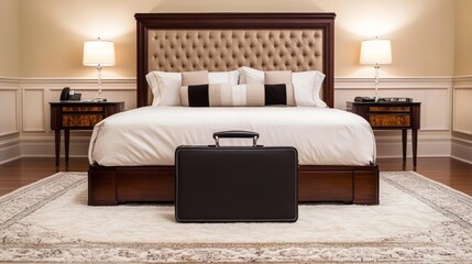 Elegant bedroom interior with briefcase: cream rug upholstered headboard bedside tables and lamps against a cream background 