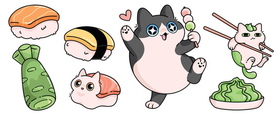 Kawaii Asian food cat stickers - cute kitties lying as rice for sushi with salmon on back, hanging on chopsticks with wasabi, enjoying rice ball dessert. Adorable Japanese cuisine mascots illustration © klyaksun