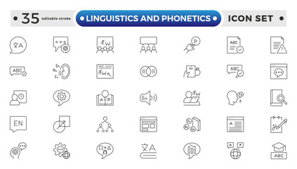 linguistics and phonetics outline icon set with language, phonetic, phonology, morphology, syntax, semantic, pragmatic, cognitive, grammar, and neural linguistics. Editable stroke outline icon.