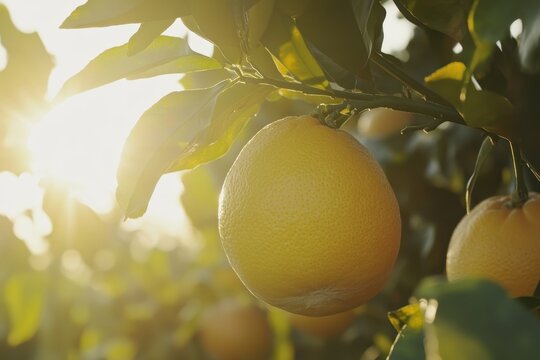 Ripe orange hanging from a tree branch, backlit by sunlight