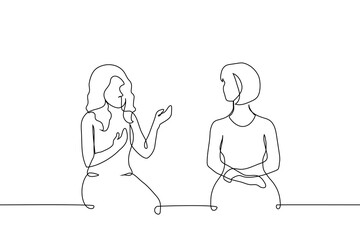 women talking sitting side by side and looking at each other - one line art vector. woman actively gesticulating, and her partner with a straight back turned her head