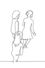 group of women climbing up or top view in isometric - one line art vector. concept female friends walking together, joint walk, redirecting interest of female audience
