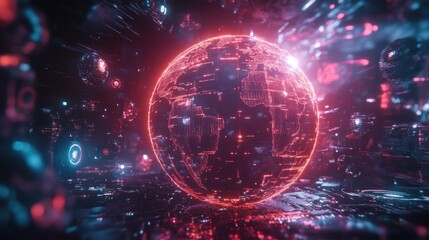 Obraz premium Globes, data, futuristic world. Digital representation of the Earth within a network of data streams. Intense glowing red and blue colors create a dynamic, futuristic feel