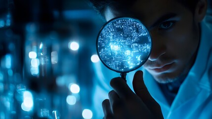 Naklejka premium Scientist Examining Microchip Under High Magnification for Technology Photography