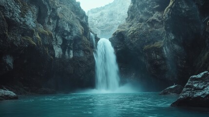 Naklejka premium Misty waterfall cascading into a tranquil pool, nestled within a dramatic gorge