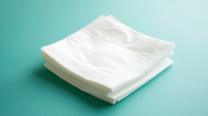 White paper napkins pile on light teal background blank space restaurant supplies hygiene product cleaning sanitation fresh material for foodservice 