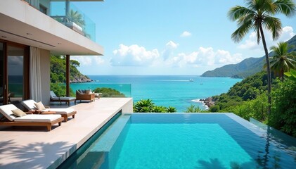 Fototapeta premium Luxury villa, private pool, stunning ocean view, tranquil setting , sea, rental, sunshine