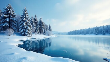Icy blue winter landscape, frozen lake, snow covered trees, cold winter scene , majestic, landscape, serenity