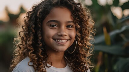 Portrait of a young girl with curly hair smiling outdoors in a natural setting with soft lighting