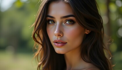 A woman with smooth, dark hair cascading gently around her shoulders possesses a refined beauty. Her features are delicate, with high cheekbones and almond shaped eyes that hold a quiet intelligence