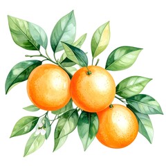 Juicy watercolor oranges with leaves, hand-painted botanical illustration, white background