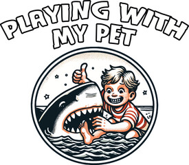Playful Shark Vector T-Shirt Design Boy and Pet Adventure
