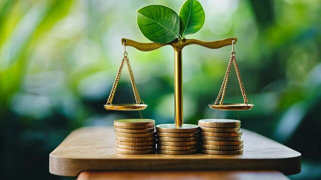 Golden scale balances money stacks and green plant, representing financial growth, wealth management, and ethical investment strategies