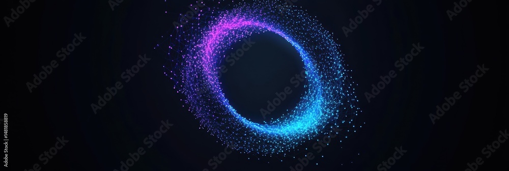 Poster dynamic digital design featuring colorful particle swirl on dark background