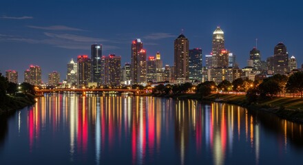 Cityscape twilight reflections showcasing Des Moines Iowa's illuminated skyline